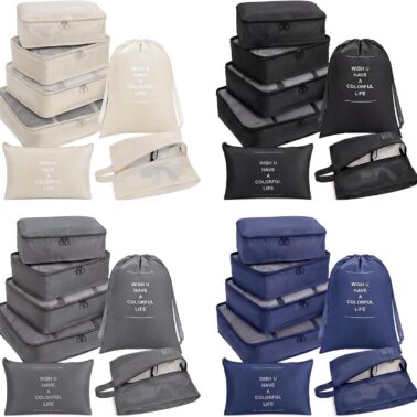 Bnuxpuuo 28 Pcs Luggage Clothes Organizer Bags, 4 Sets Travel Luggage Packing Organizers Packing Cubes for Travel, Foldable Suitcase Organizers for Family Vacation (Beige, Black, Gray, Navy Blue)