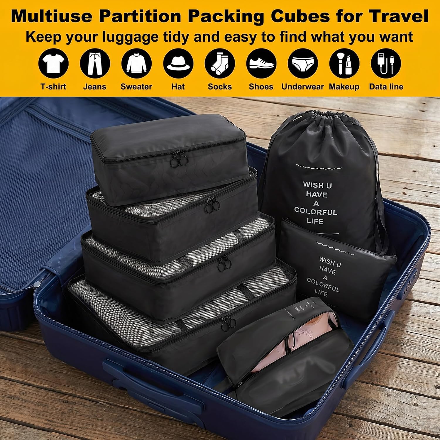 Bnuxpuuo 28 Pcs Luggage Clothes Organizer Bags, 4 Sets Travel Luggage Packing Organizers Packing Cubes for Travel, Foldable Suitcase Organizers for Family Vacation (Beige, Black, Gray, Navy Blue) - Image 4