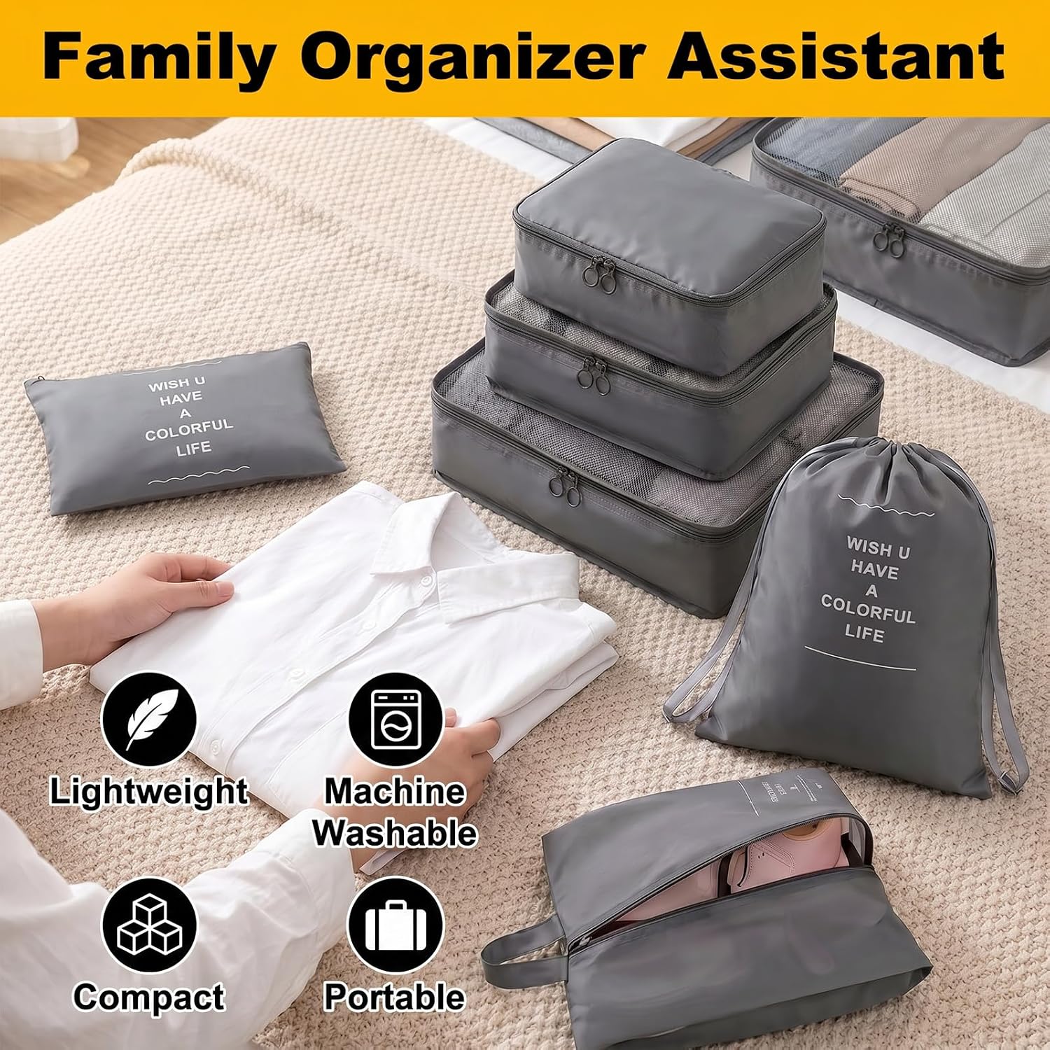 Bnuxpuuo 28 Pcs Luggage Clothes Organizer Bags, 4 Sets Travel Luggage Packing Organizers Packing Cubes for Travel, Foldable Suitcase Organizers for Family Vacation (Beige, Black, Gray, Navy Blue) - Image 5