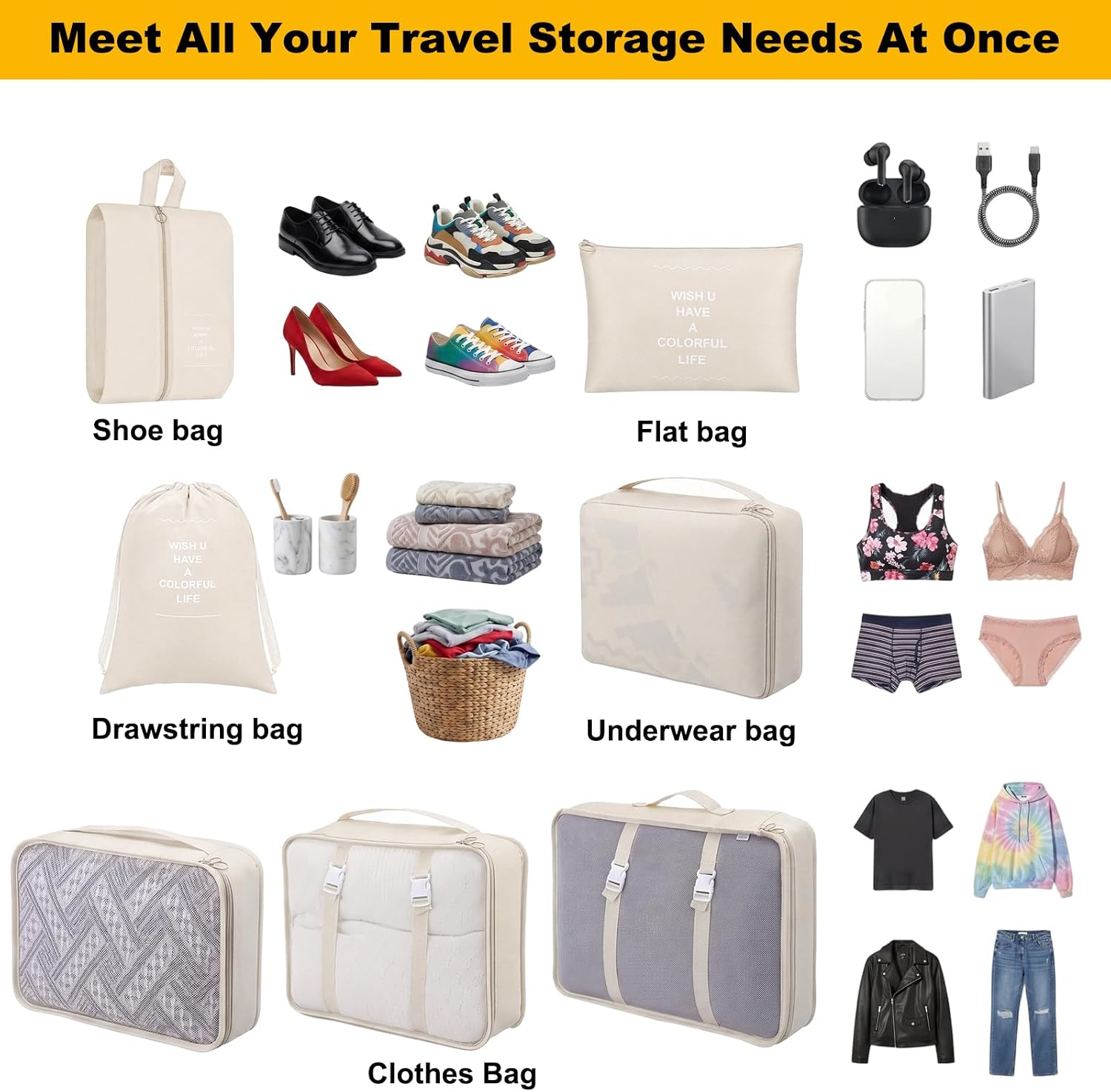 Bnuxpuuo 28 Pcs Luggage Clothes Organizer Bags, 4 Sets Travel Luggage Packing Organizers Packing Cubes for Travel, Foldable Suitcase Organizers for Family Vacation (Beige, Black, Gray, Navy Blue) - Image 7
