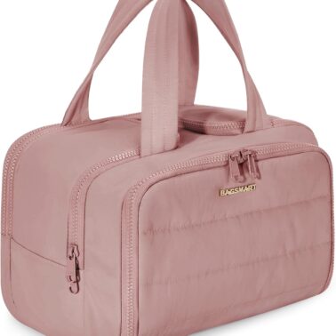 BAGSMART Travel Toiletry Bag, Lightweight Large Wide-open Travel Bag for Women, Puffy Cosmetic Makeup Bag Organizer with Handle for Accessories,Essentials, Toiletries, Dark Pink