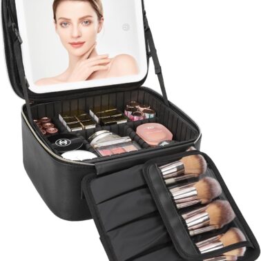 Relavel Travel Makeup Bag With LED Mirror, Cosmetic Train Case with Light up Mirror, Portable Makeup Artist Organizer Bag with Adjustable Dividers, Makeup Brush Holder Storage, Black