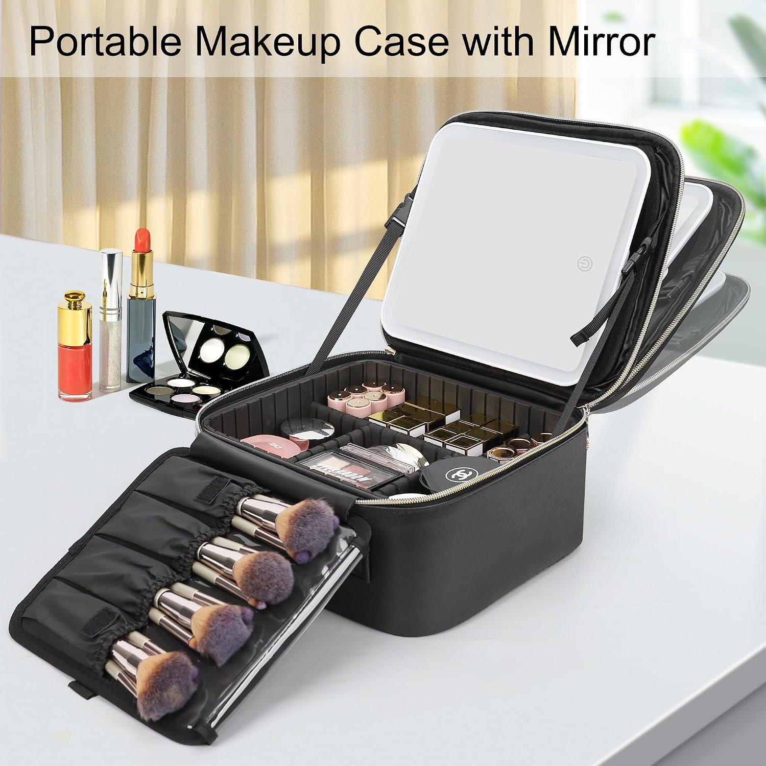Relavel Travel Makeup Bag With LED Mirror, Cosmetic Train Case with Light up Mirror, Portable Makeup Artist Organizer Bag with Adjustable Dividers, Makeup Brush Holder Storage, Black - Image 2