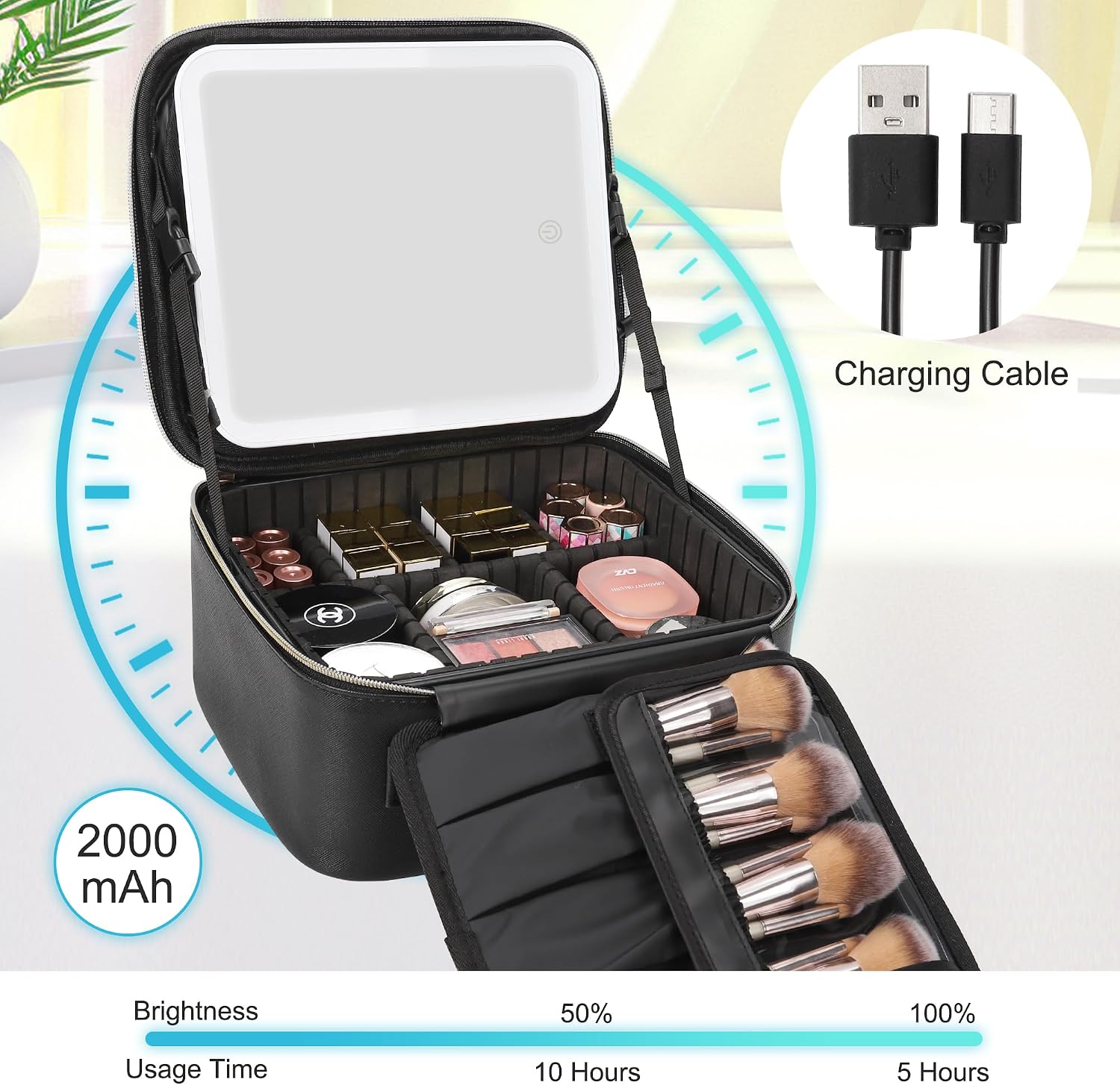 Relavel Travel Makeup Bag With LED Mirror, Cosmetic Train Case with Light up Mirror, Portable Makeup Artist Organizer Bag with Adjustable Dividers, Makeup Brush Holder Storage, Black - Image 4