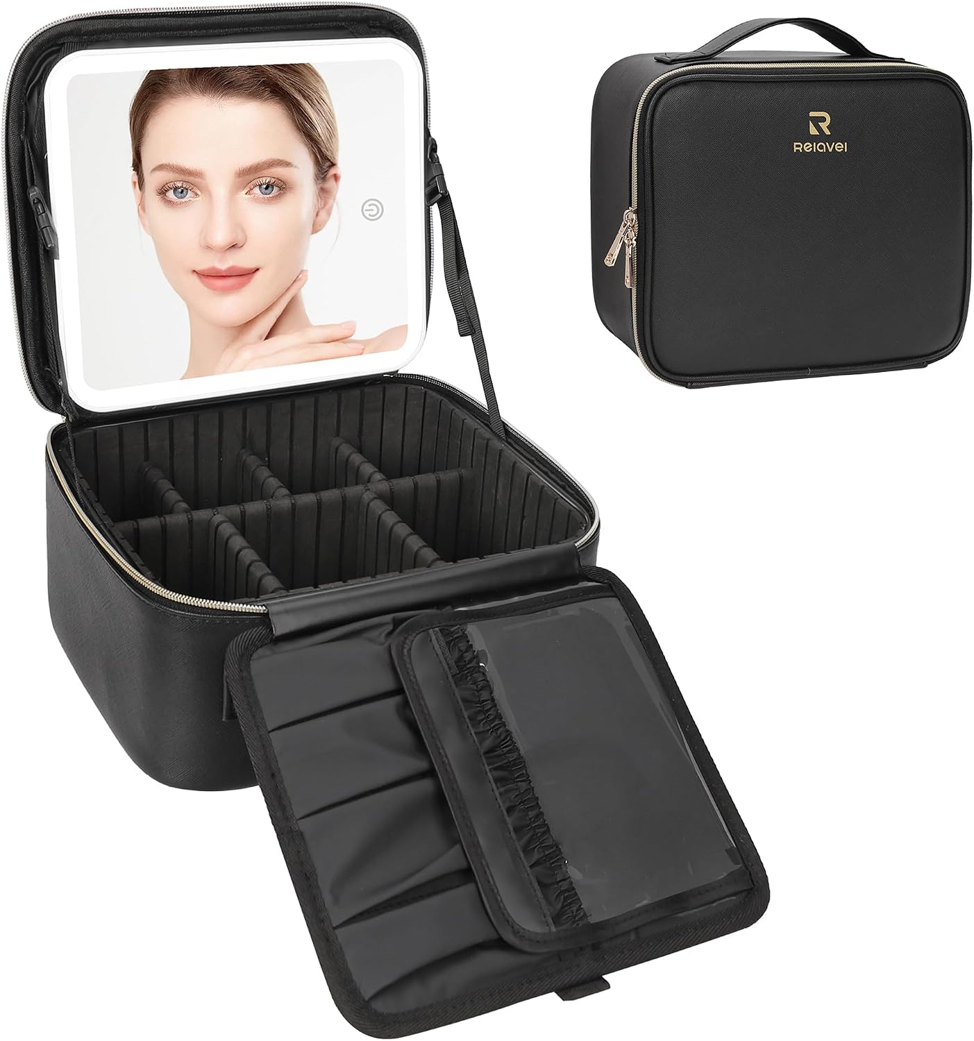 Relavel Travel Makeup Bag With LED Mirror, Cosmetic Train Case with Light up Mirror, Portable Makeup Artist Organizer Bag with Adjustable Dividers, Makeup Brush Holder Storage, Black - Image 8